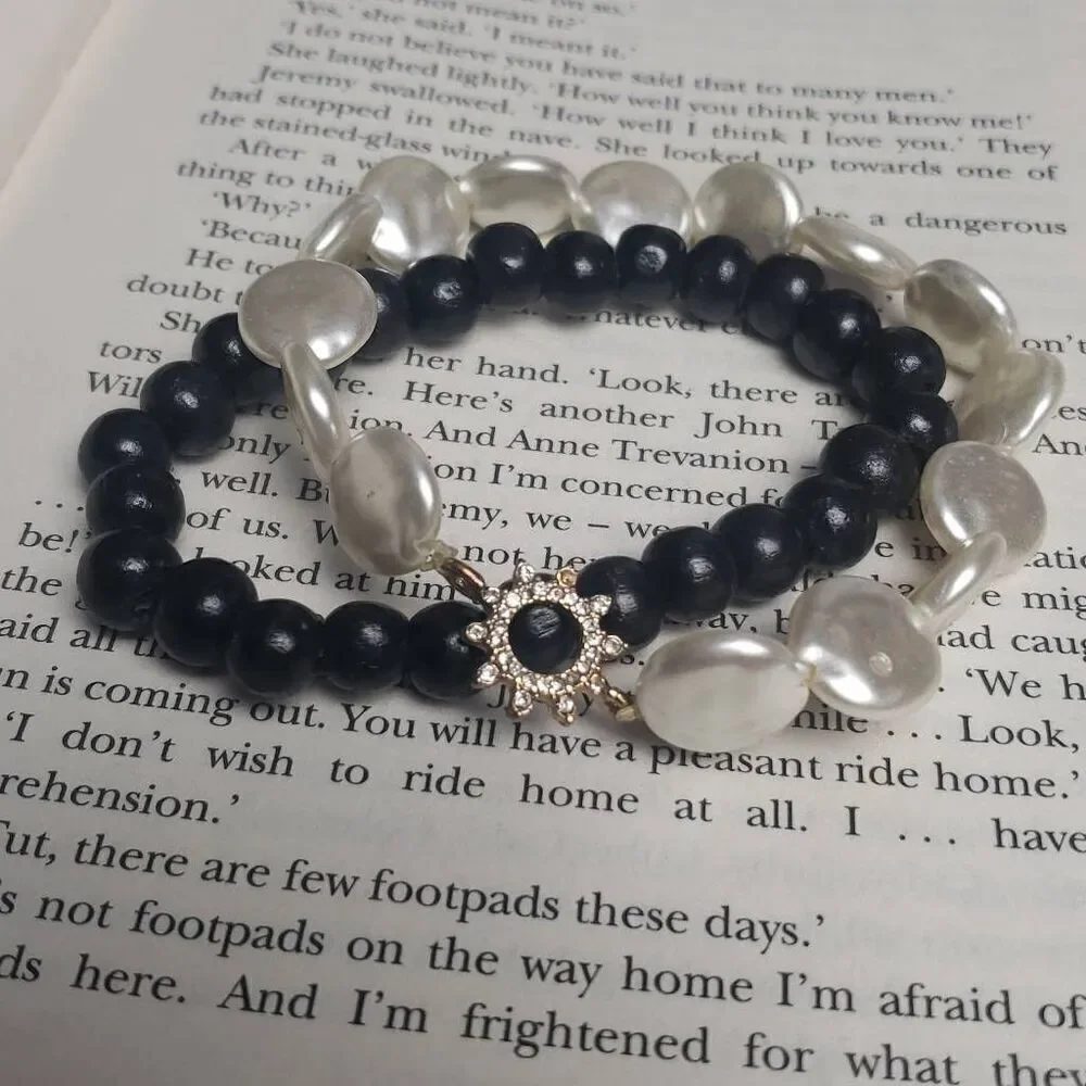 Faux MOP Bracelet‎ with Sun Diamonds and Black Beaded Bracelet